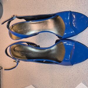 Nine West Brand Genuine Leather Deep Cobalt Blue 4 Inch Heels With Straps-Sz. 10
